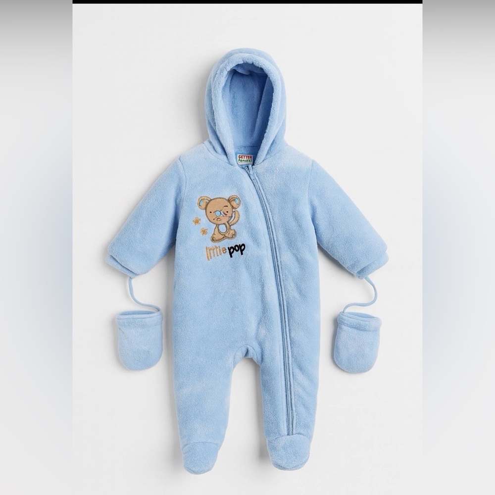 Baby Blue Plush Hooded Snowsuit with Mittens – Infant Size – Excellent Condition